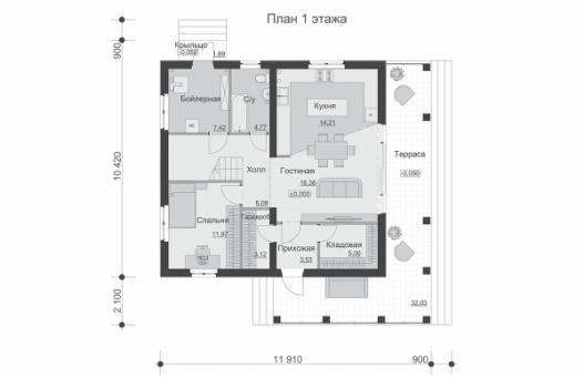 Одноэтажный дом с мансардой, террасой и балконом